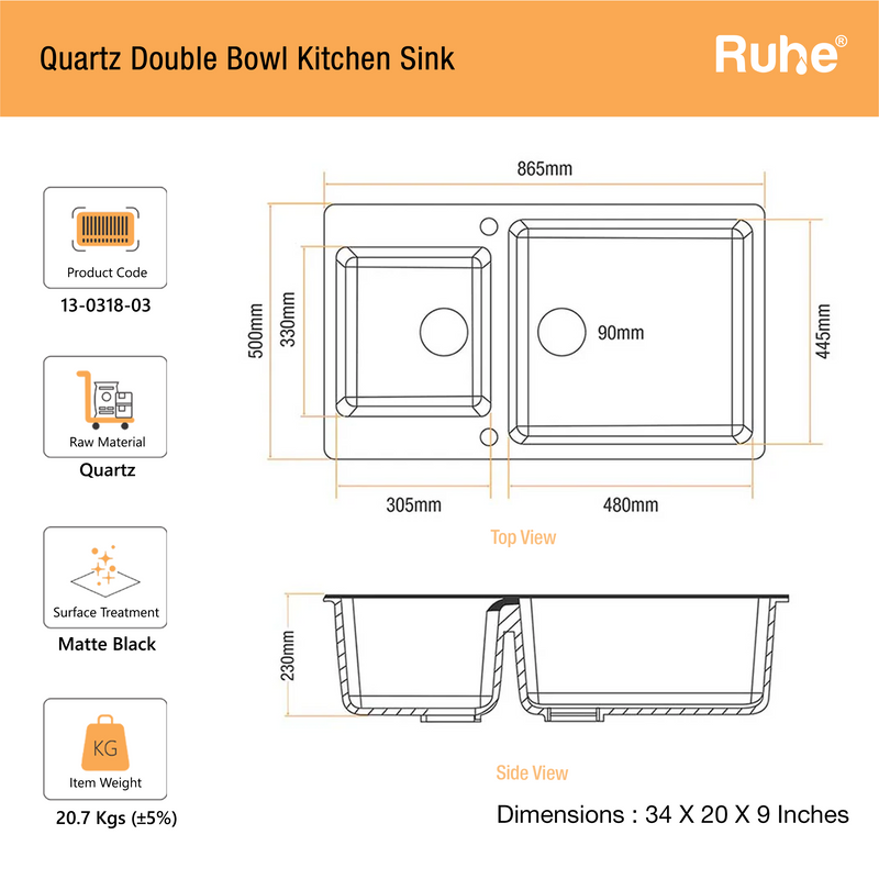 Quartz Double Bowl Kitchen Sink (34 x 20 x 9 inches)