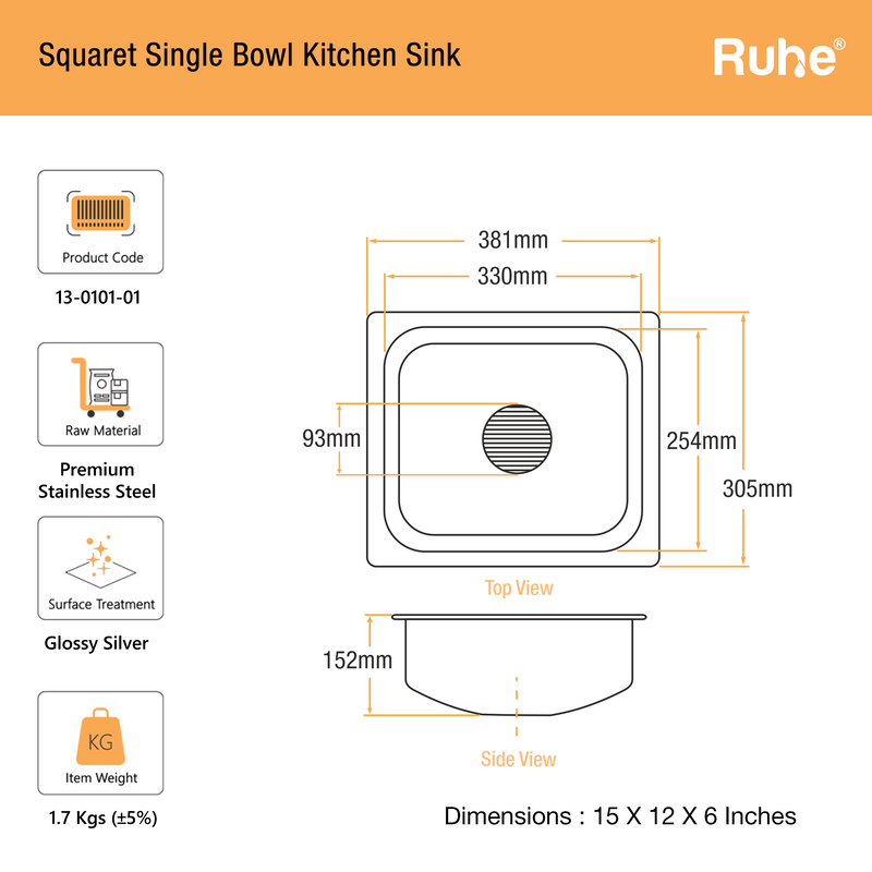 Single Bowl Premium Kitchen Sink (15 x 12 x 6 Inches)