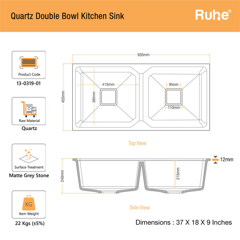 Quartz Double Bowl Kitchen Sink (37 x 18 x 9 Inches)