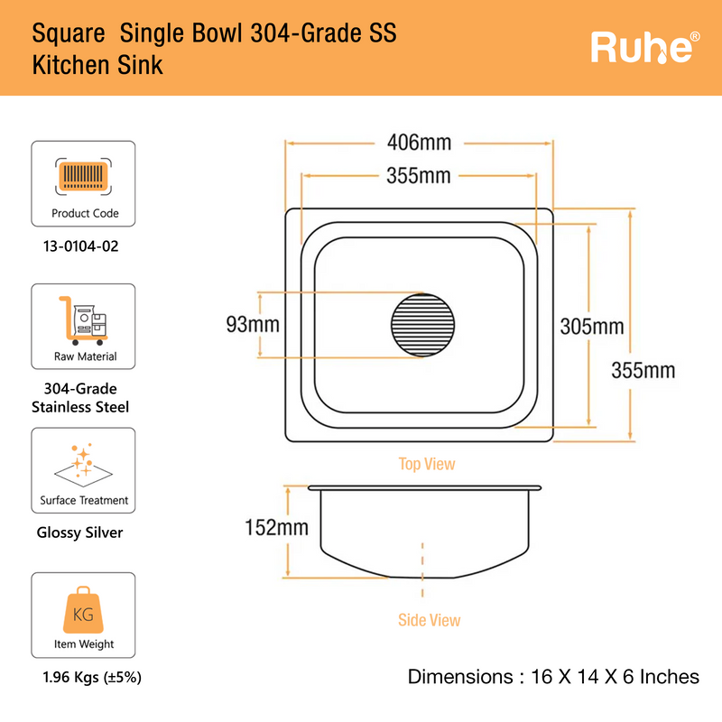 Single Bowl Kitchen Sink (16 x 14 x 6 Inches)