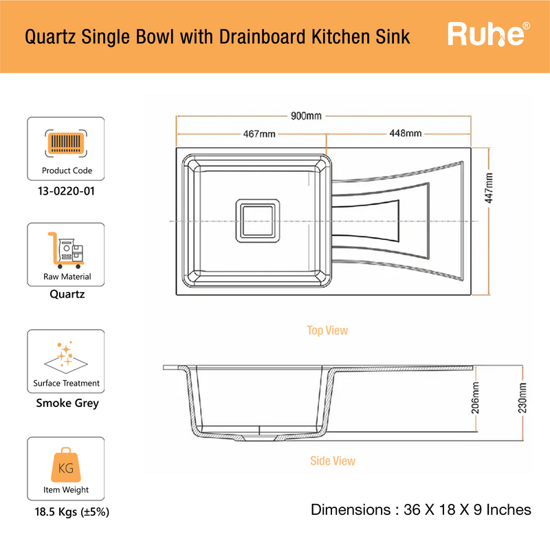 Quartz Single Bowl with Drainboard Kitchen Sink (36 x 18 x 9 Inches)