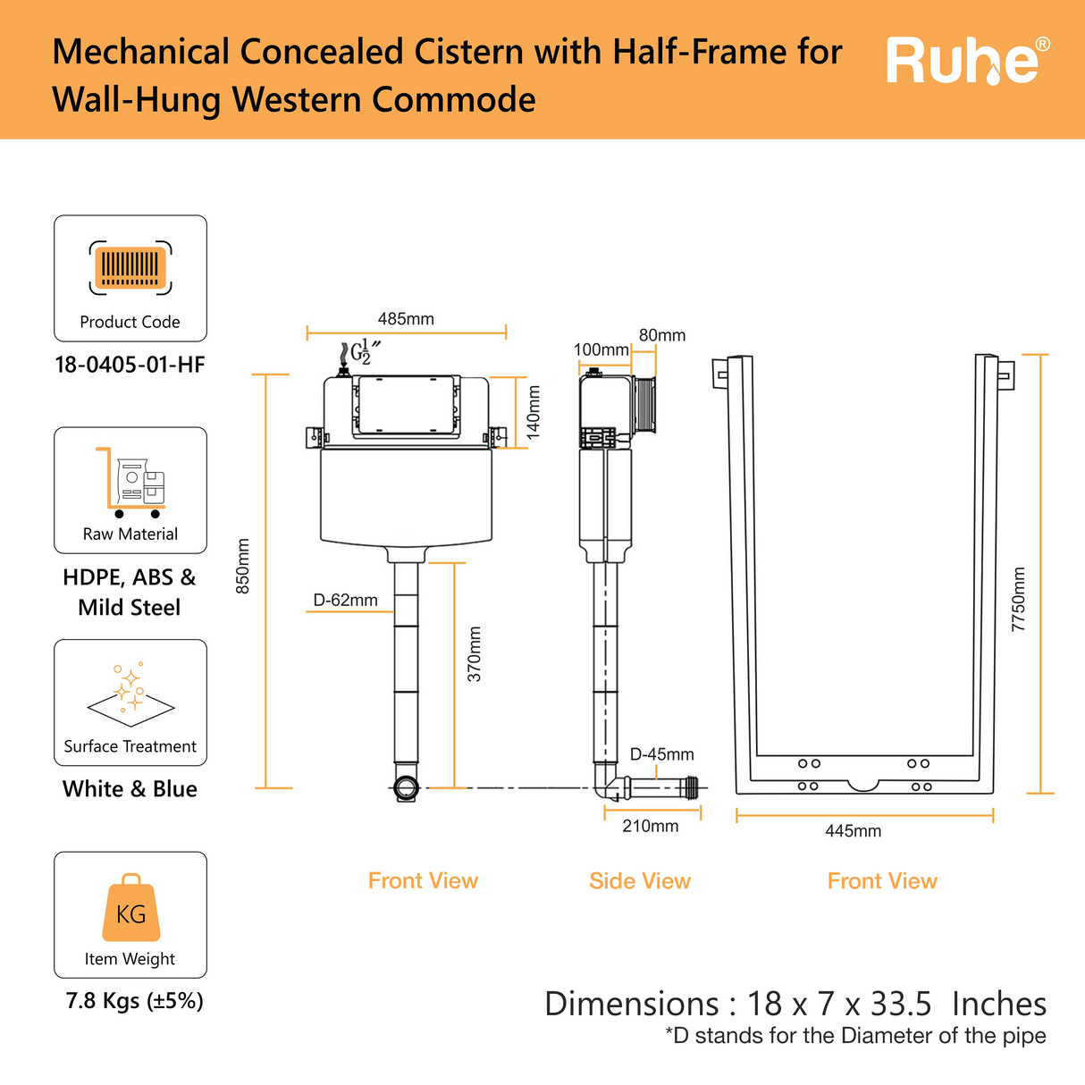 Mechanical Concealed Cistern for Western Commode with Half Frame