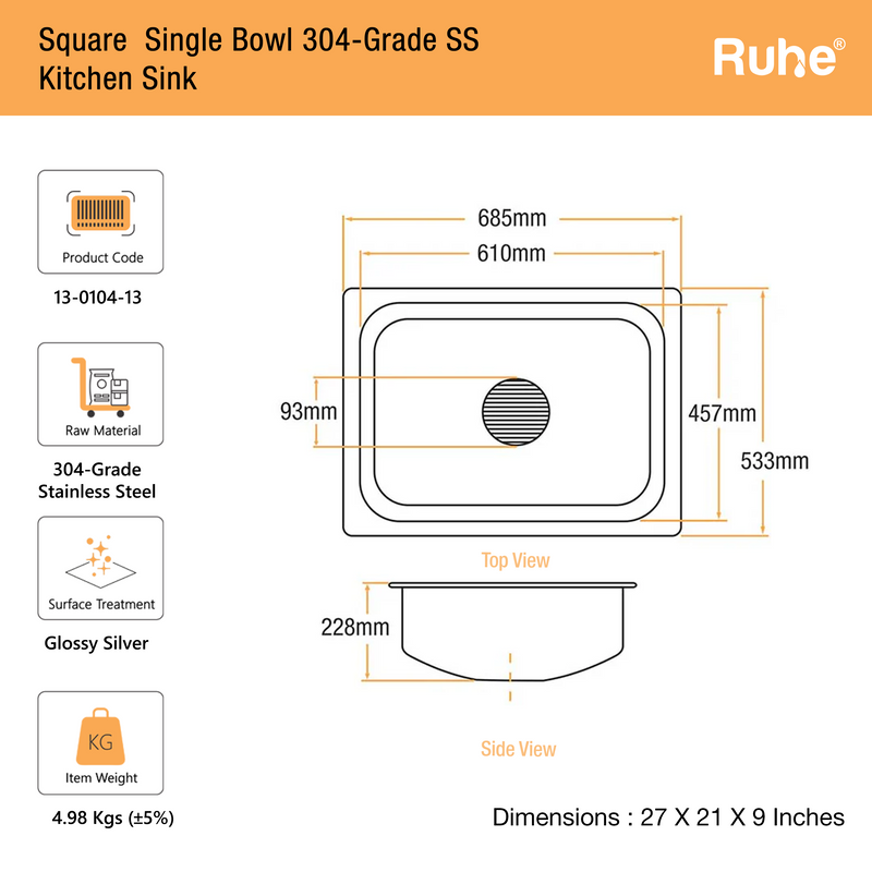 Single Bowl Kitchen Sink (27 x 21 x 9 Inches)