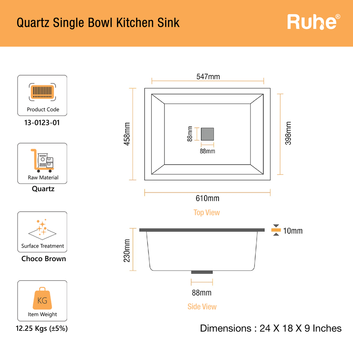 Quartz Single Bowl Kitchen Sink (24 x 18 x 9 Inches)
