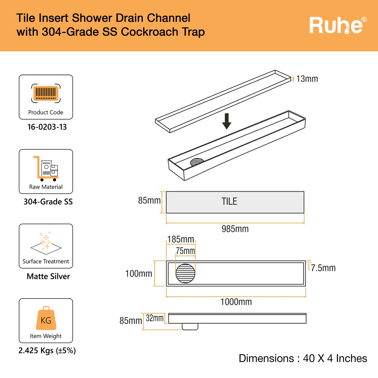 Tile-Insert Shower Drain Channel (4 Inches)