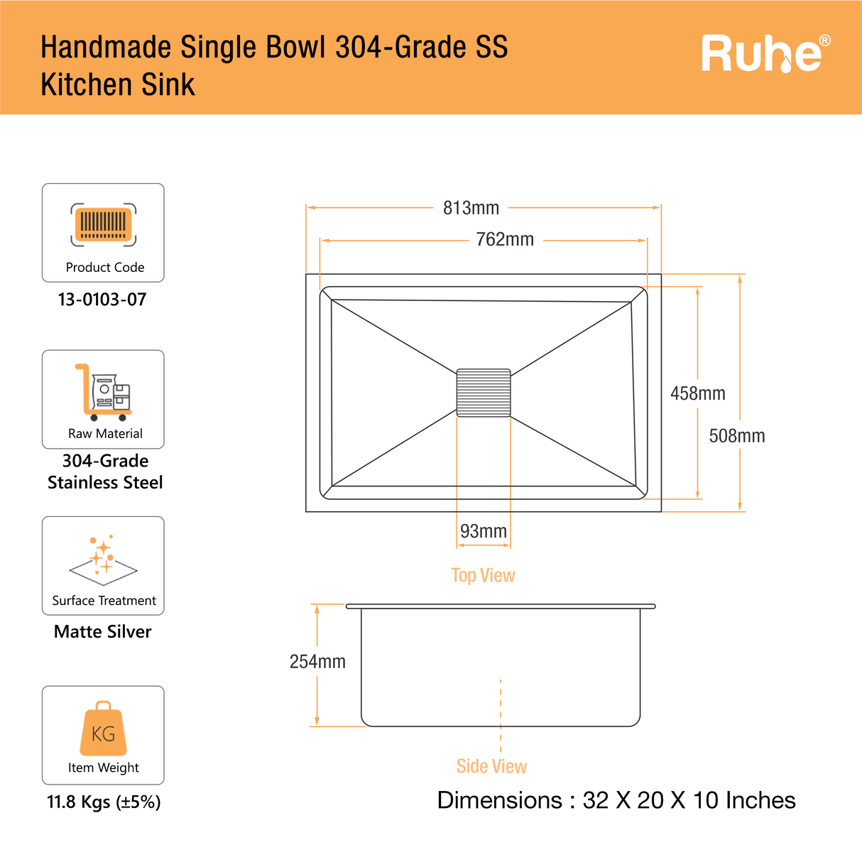 Handmade Single Bowl Kitchen Sink (32 x 20 x 10 Inches)