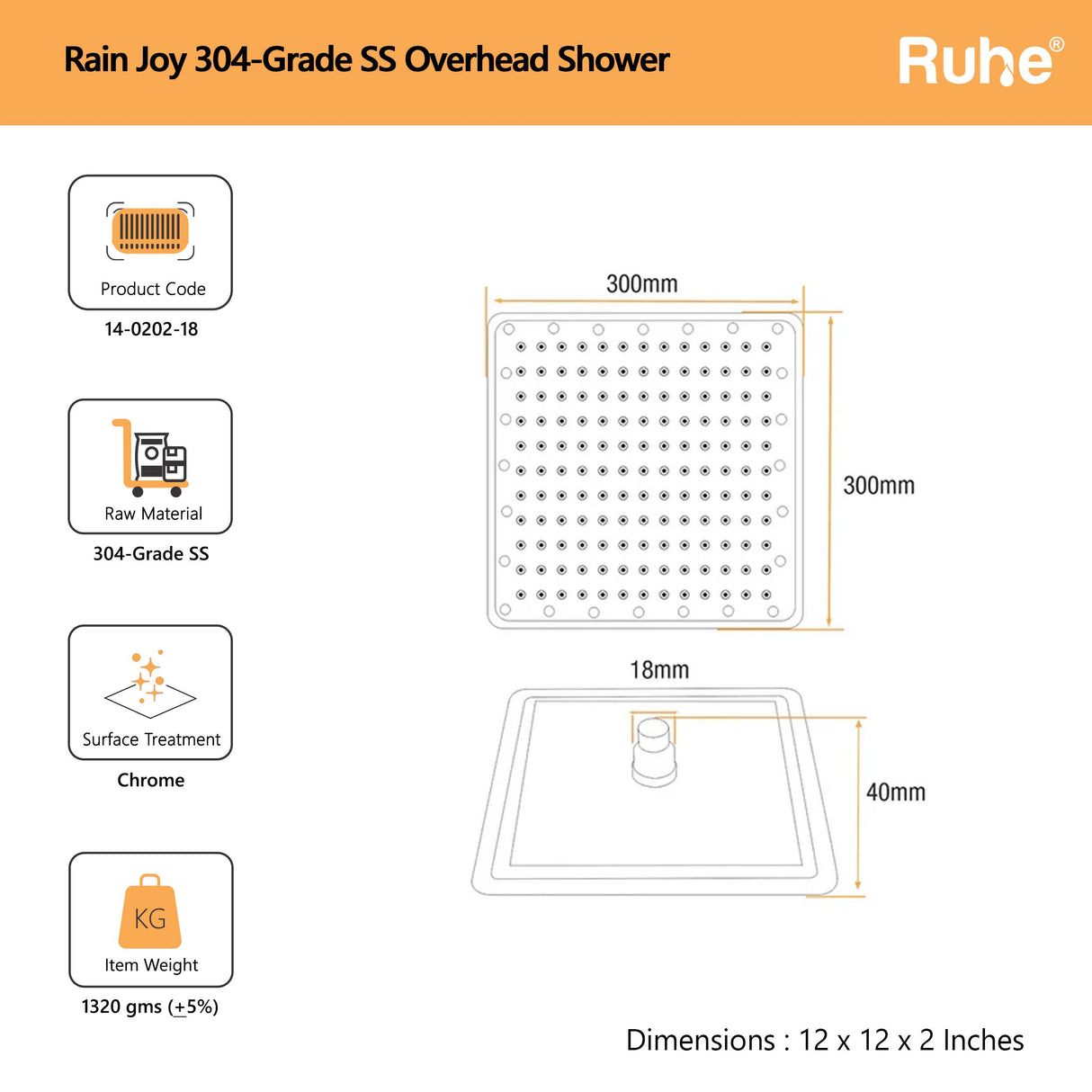 Rain Joy 304-Grade SS Overhead Shower
