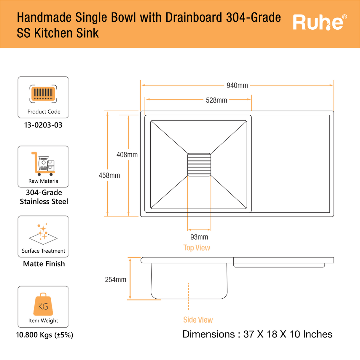Handmade Single Bowl with Drainboard Kitchen Sink (37 x 18 x 10 Inches)