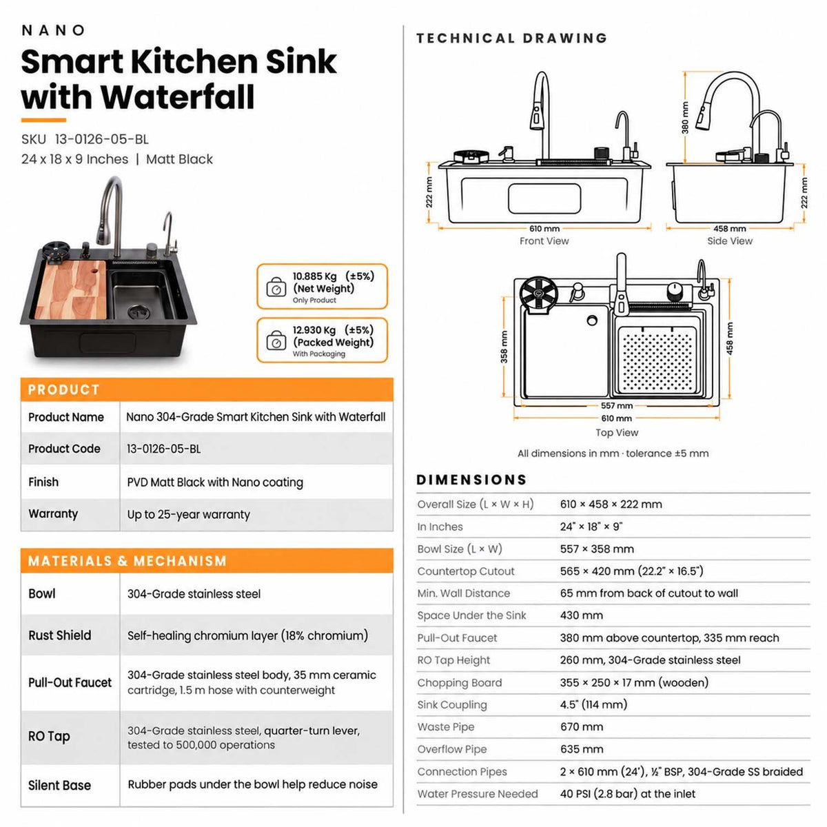 Nano 304-Grade Smart Kitchen Sink with Waterfall