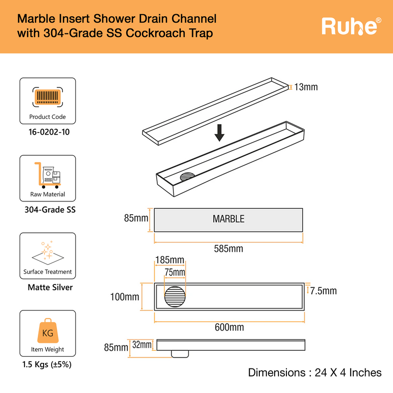 Marble-Insert Shower Drain Channel (4 Inches)