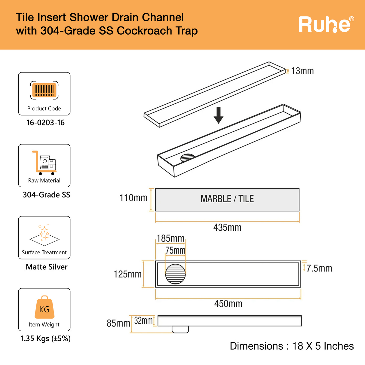 Tile-Insert Shower Drain Channel (5 Inches)