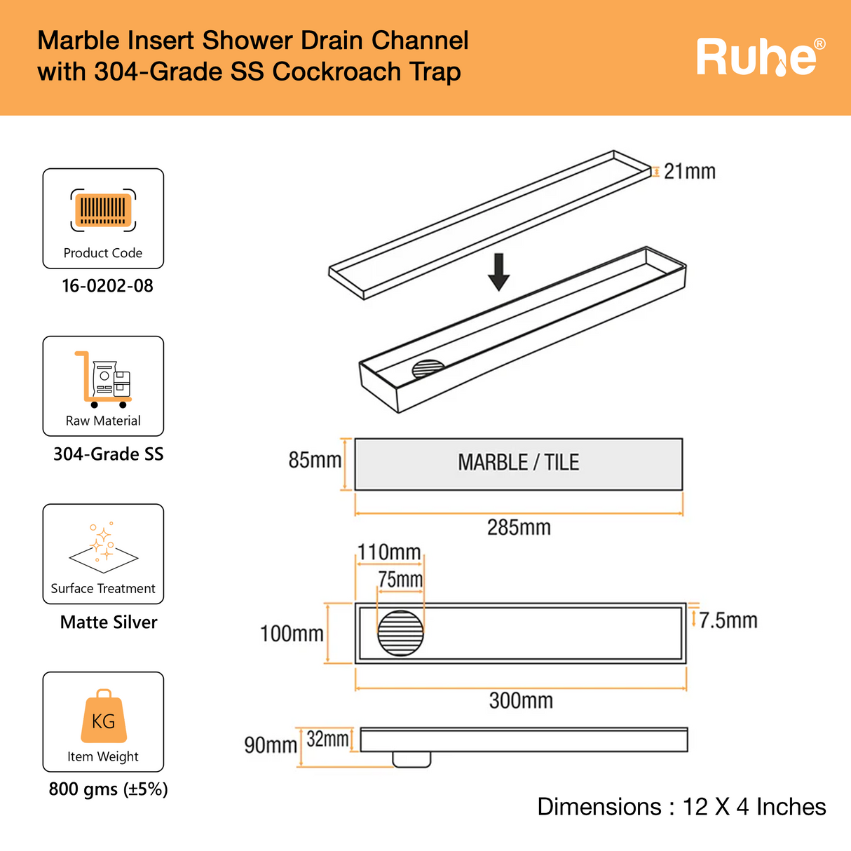 Marble-Insert Shower Drain Channel (4 Inches)