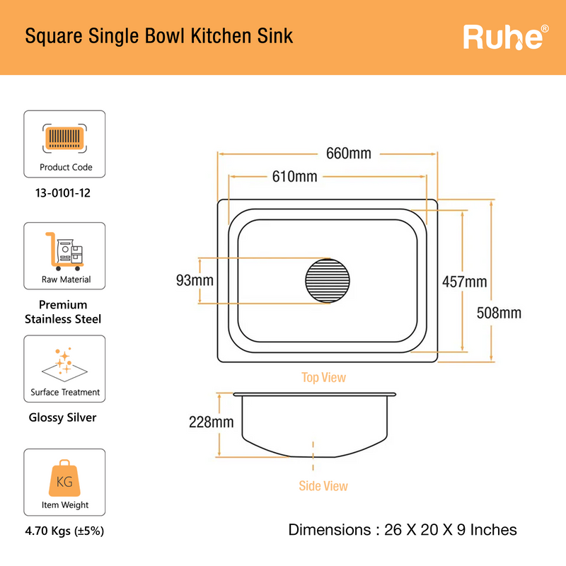 Single Bowl Kitchen Sink (26 x 20 x 9 Inches)
