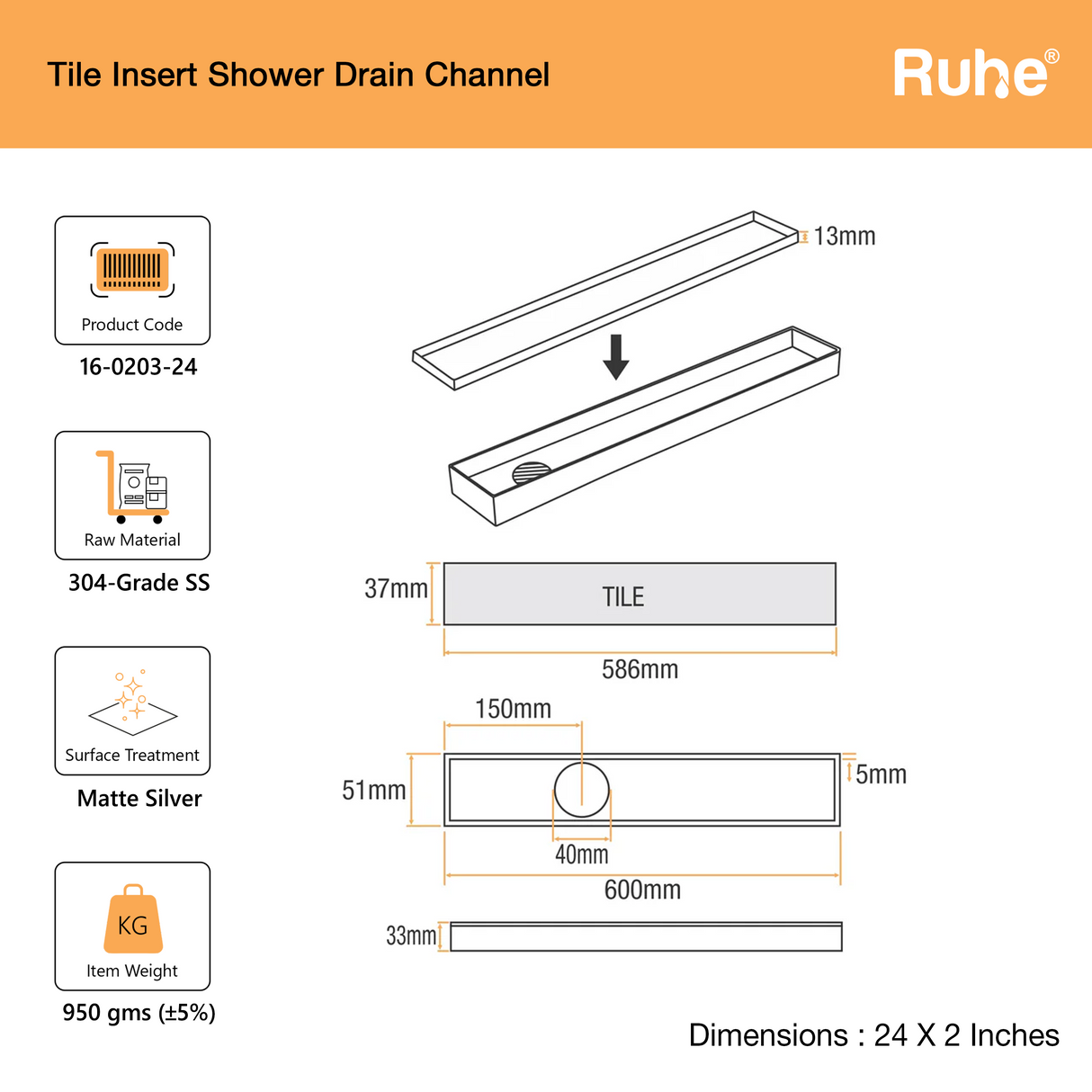 Tile-Insert Shower Drain Channel (2 Inches)