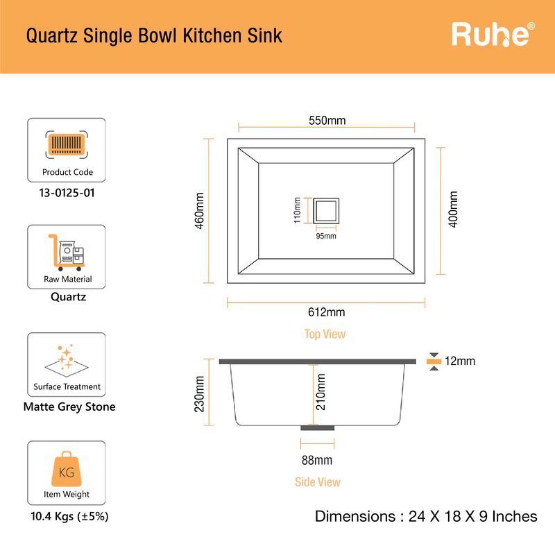 Quartz Single Bowl Kitchen Sink (24 x 18 x 9 Inches)