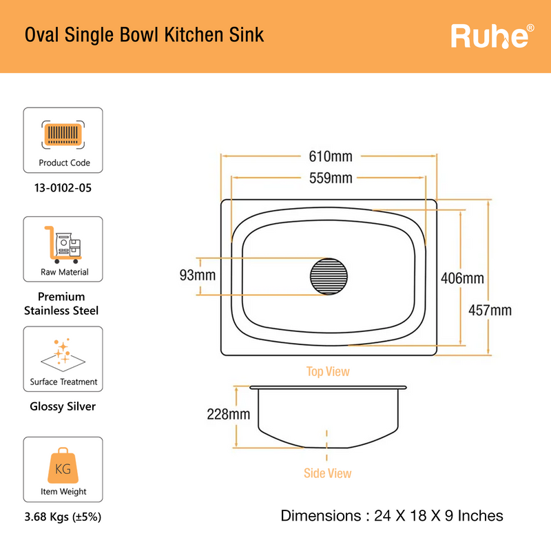 Oval Single Bowl Premium Kitchen Sink (24 x 18 x 9 Inches)