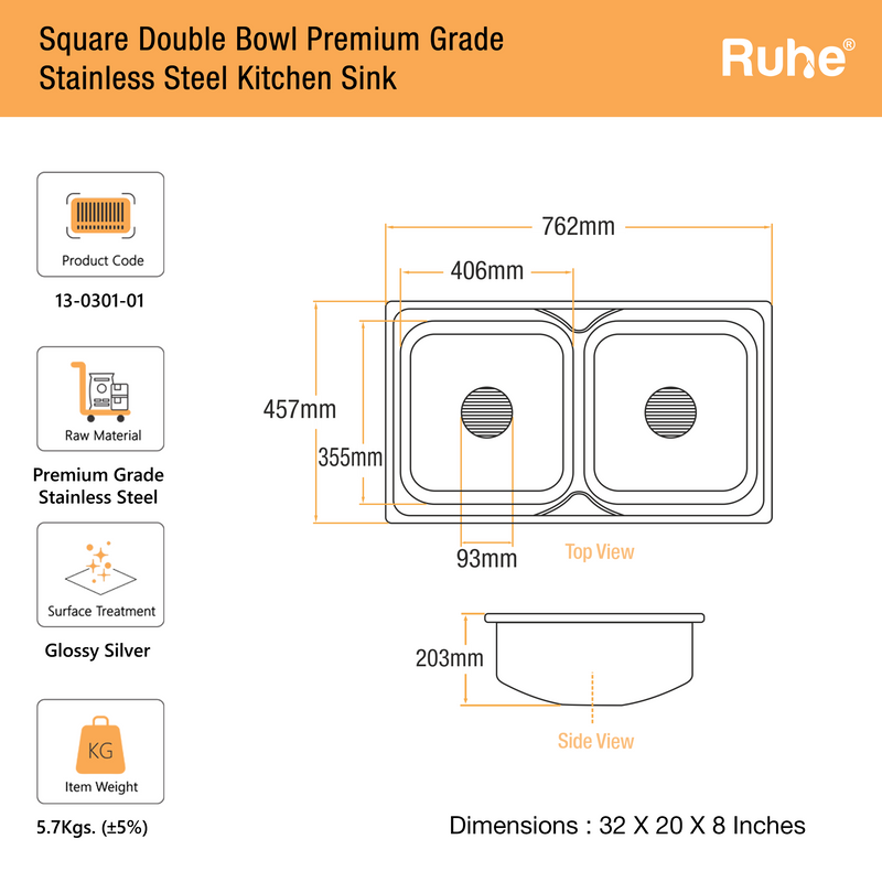 Double Bowl Premium Kitchen Sink (32 x 20 x 8 Inches)