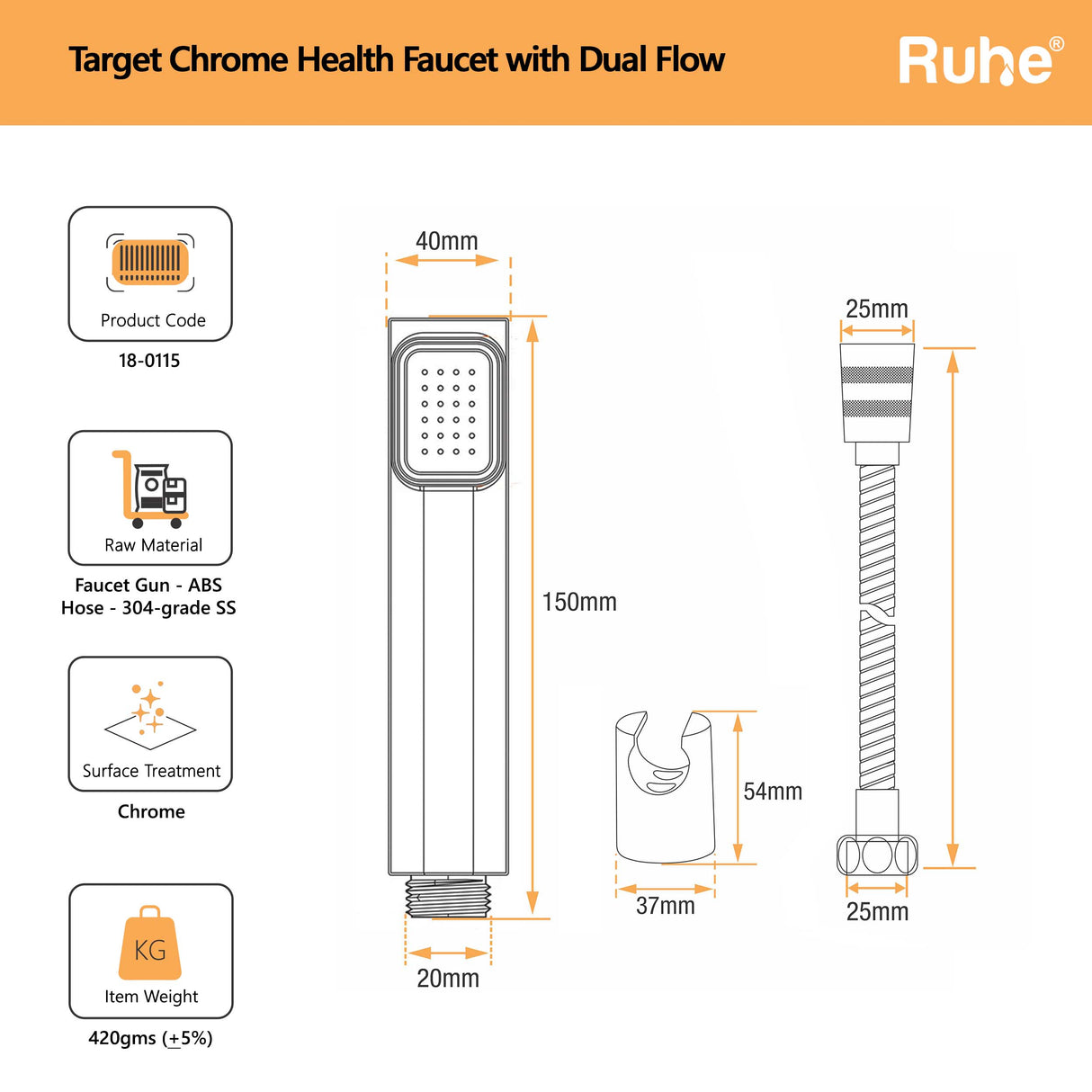 Target Chrome Health Faucet with Dual Flow and 1 Meter 304-Grade SS Hose & Hook