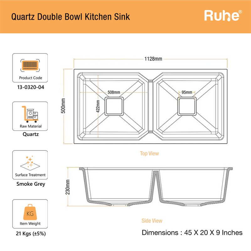 Quartz Double Bowl Kitchen Sink (45 x 20 x 9 inches)