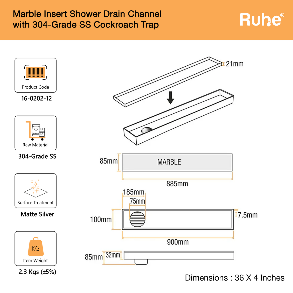 Marble-Insert Shower Drain Channel (4 Inches)