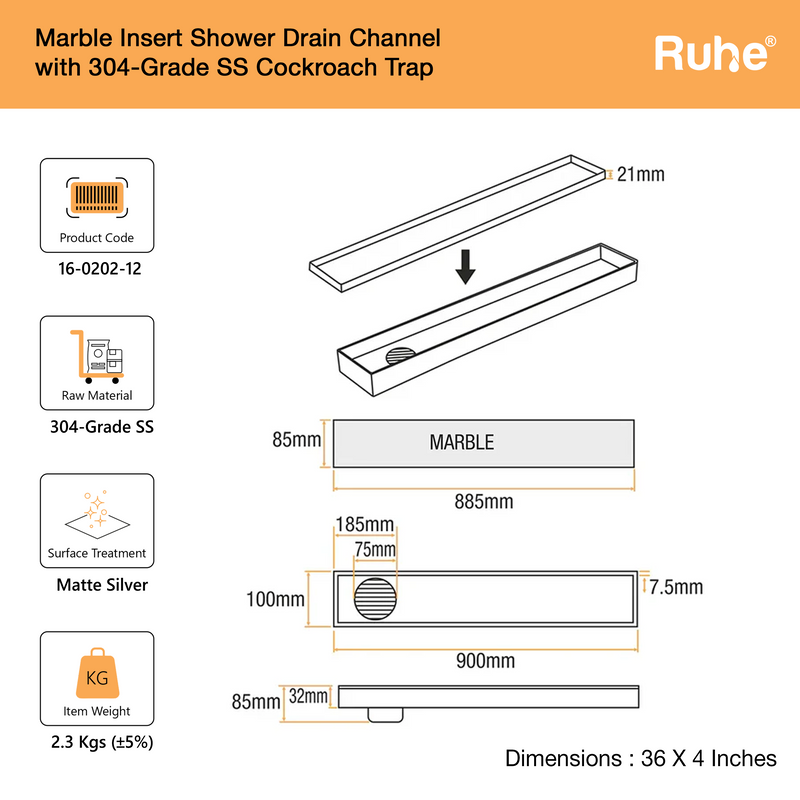 Marble-Insert Shower Drain Channel (4 Inches)