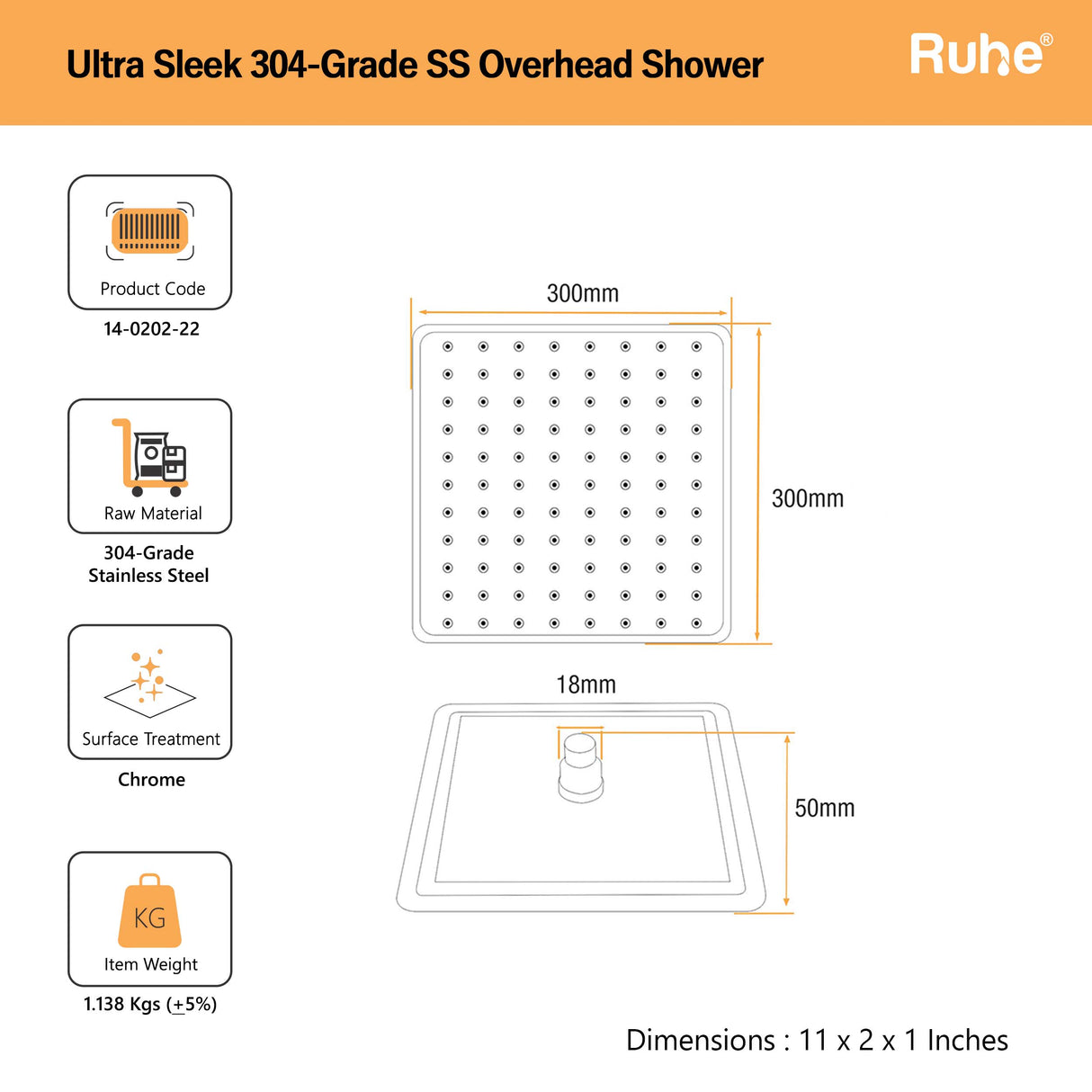 Ultra Sleek 304-Grade SS Overhead Shower