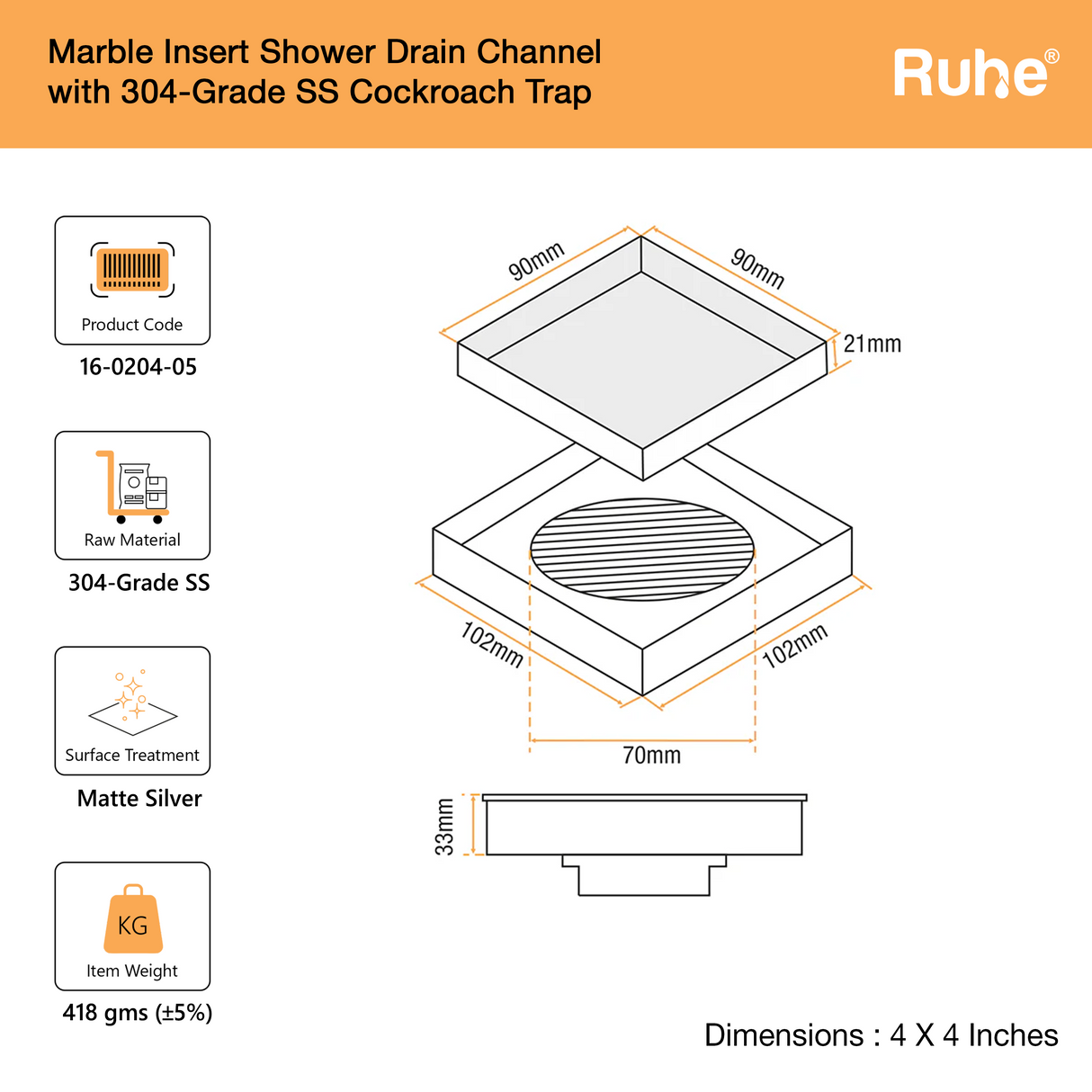 Marble-Insert Shower Drain Channel (4 x 4 Inches)