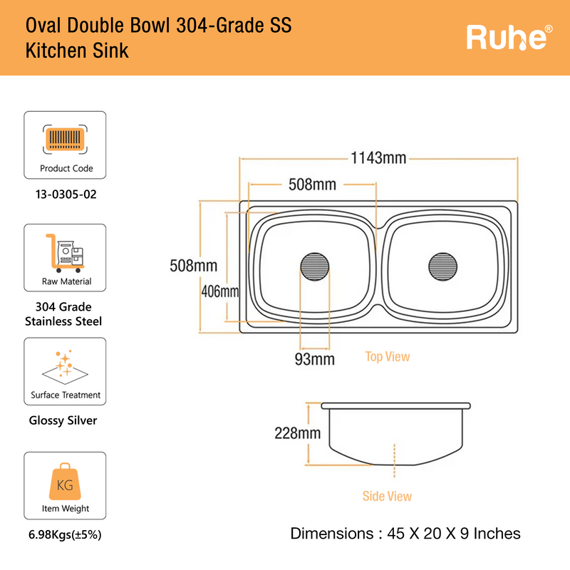 Double Bowl Kitchen Sink 304-Grade (45 x 20 x 9 Inches)