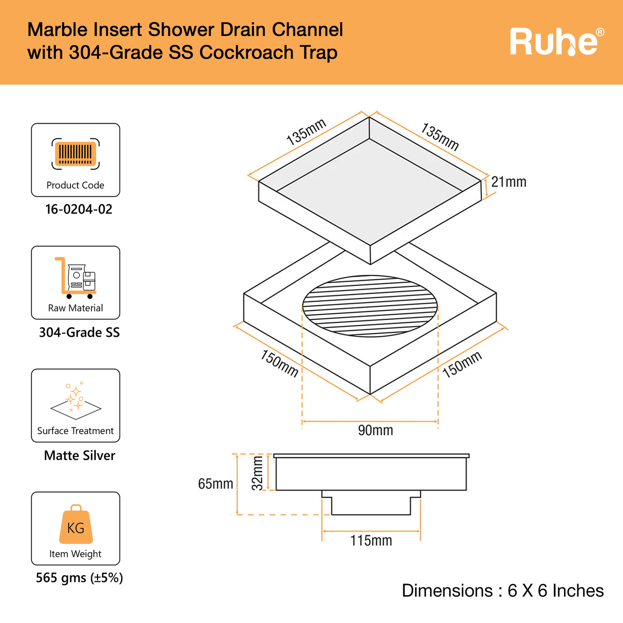Marble-Insert Shower Drain Channel (6 x 6 Inches)