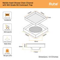 Marble-Insert 304-Grade Square Floor Drain with Cockroach Trap (6 x 6 Inches)