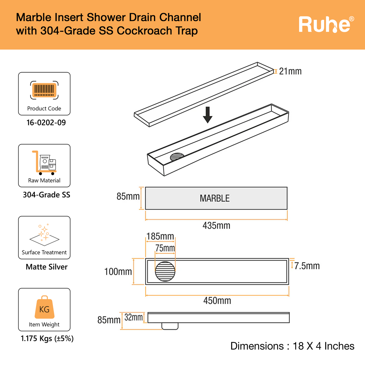 Marble-Insert Shower Drain Channel (4 Inches)