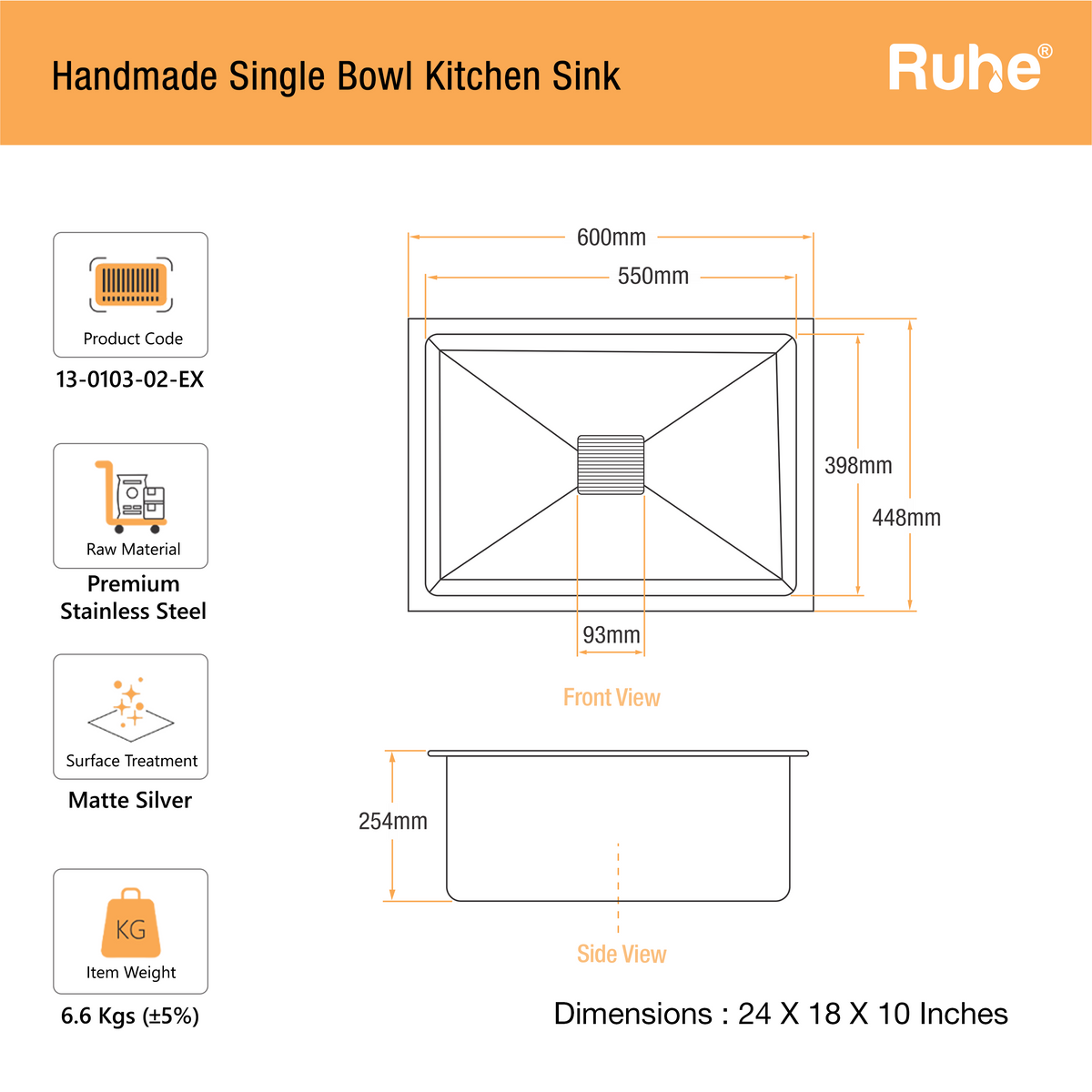 Handmade Single Bowl Kitchen Sink (24 x 18 x 10 Inches)