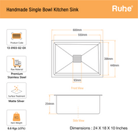 Handmade Stainless Steel Single Bowl Kitchen Sink (24 x 18 x 10 Inches)