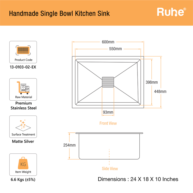 Handmade Single Bowl Kitchen Sink (24 x 18 x 10 Inches)