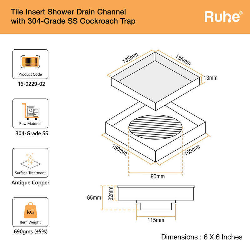 Tile-Insert Shower Drain Channel (6 x 6 Inches)
