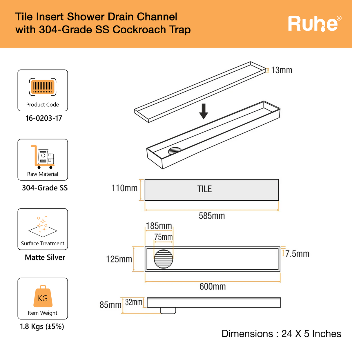 Tile-Insert Shower Drain Channel (5 Inches)