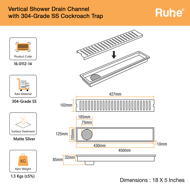 Vertical Shower Drain Channel (5 Inches)