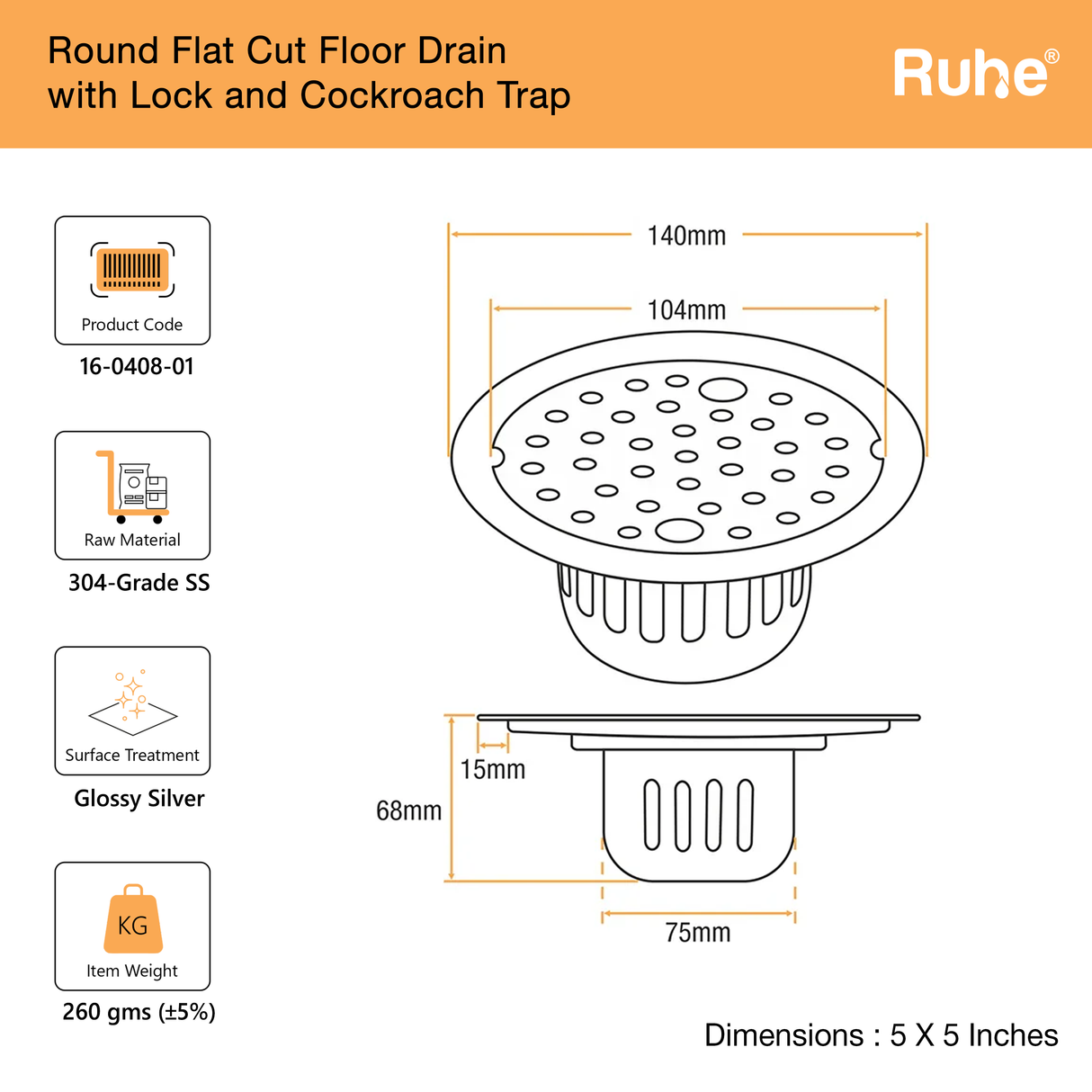Round Floor Drain with Lock and Cockroach Trap (5 Inches)