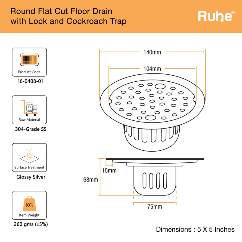 Round Floor Drain with Lock and Cockroach Trap (5 Inches)