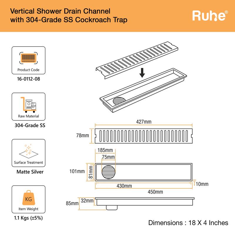 Vertical Shower Drain Channel (4 Inches)