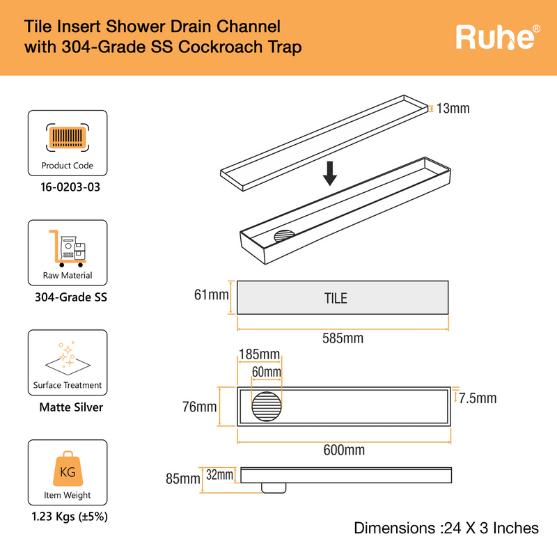 Tile-Insert Shower Drain Channel Coloured (3 Inches)