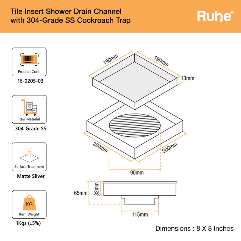 Tile-Insert Shower Drain Channel (8 x 8 Inches)