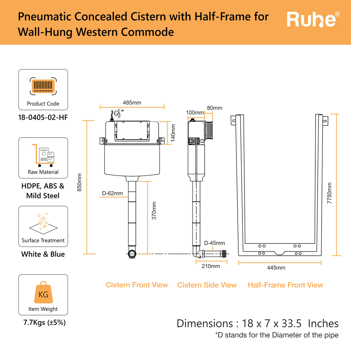 Pneumatic Concealed Cistern for Western Commode with Half Frame