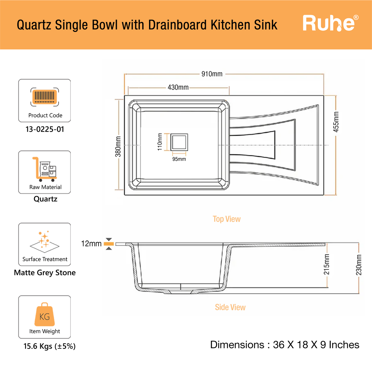 Quartz Single Bowl Kitchen Sink with Drainboard (36 x 18 x 9 Inches)