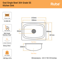 Oval Single Bowl Kitchen Sink (24 x 18 x 9 Inches)(Dimension)