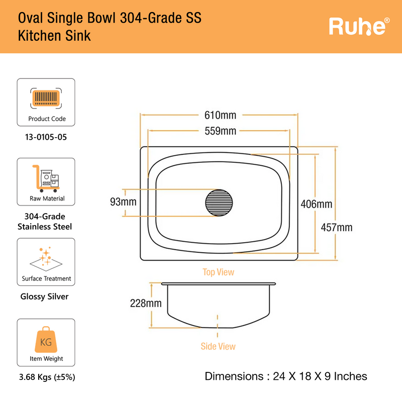 Oval Single Bowl Kitchen Sink 304-Grade (24 x 18 x 9 Inches)