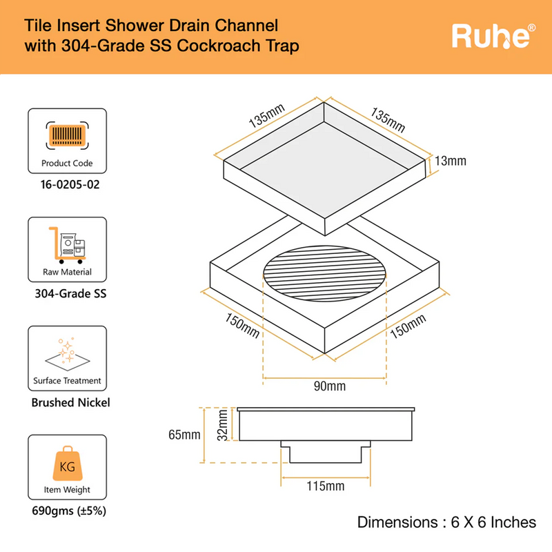 Tile-Insert Shower Drain Channel (6 x 6 Inches)