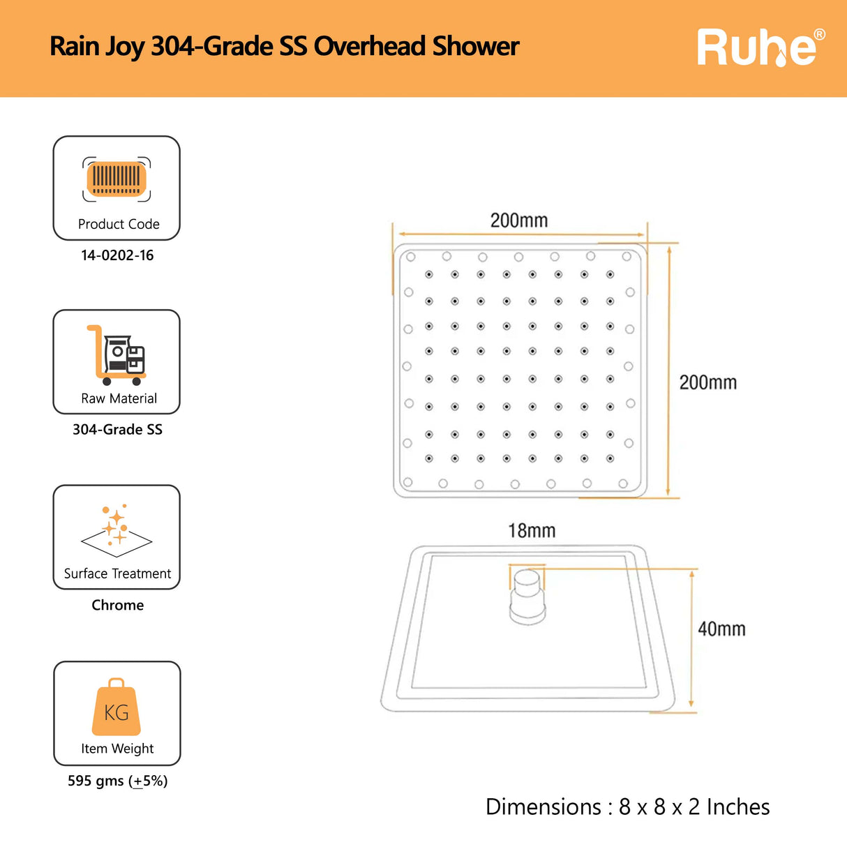 Rain Joy 304-Grade SS Overhead Shower