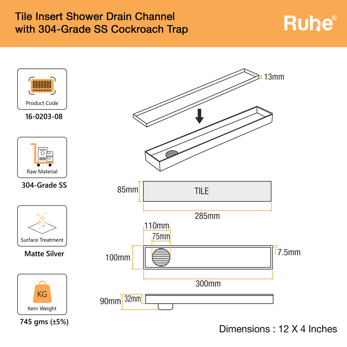Tile-Insert Shower Drain Channel (4 Inches)