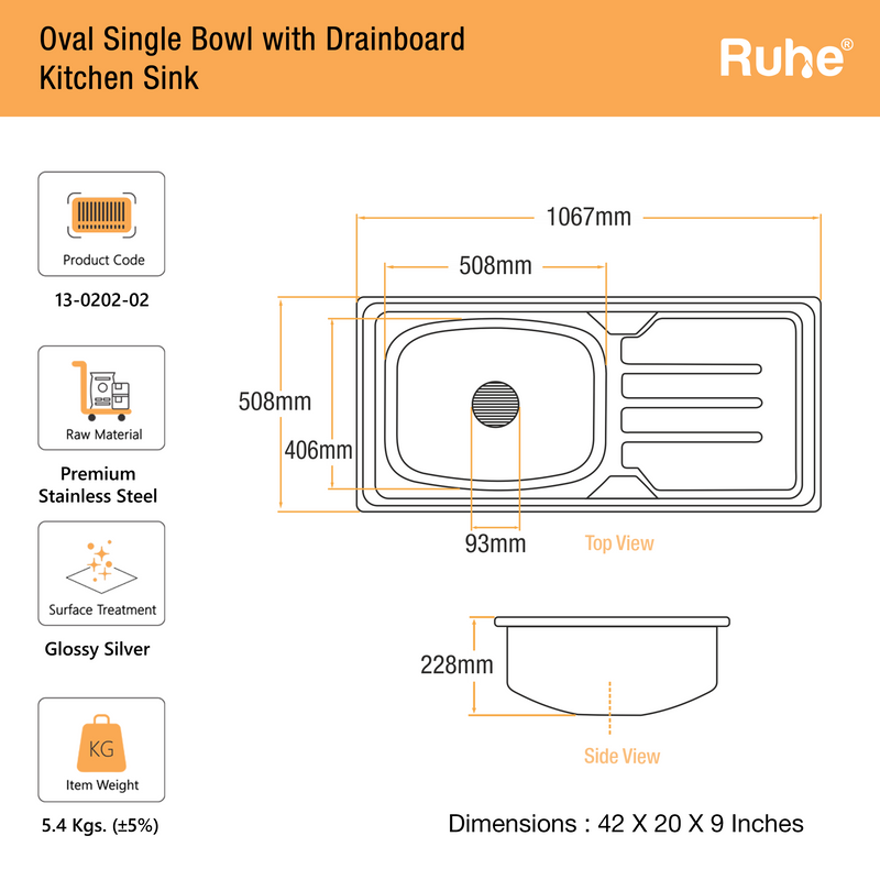 Oval Single Bowl with Drainboard Kitchen Sink (42 x 20 x 9 Inches)